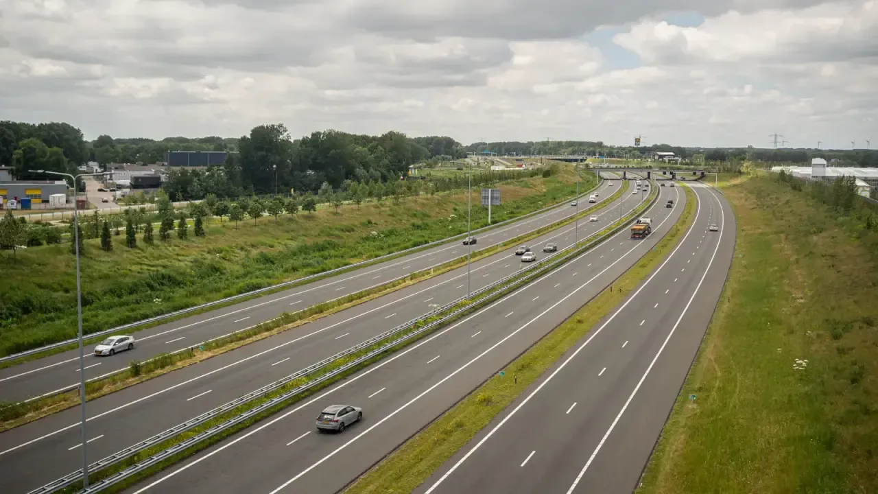Une large autoroute européenne avec du trafic et des accotements verts près d'Almere, aux Pays-Bas
